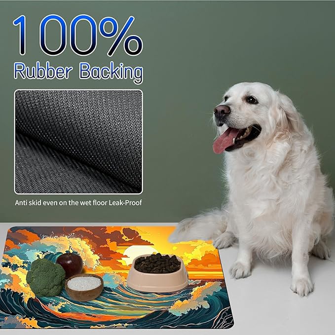 Dog Food Mat, 15.7" x 23.6" Absorbent Pet Feeding Mat for Food and Water, Waterproof Diatom Mud Pet Placemat with Non-Slip Rubber Backing, Easy Clean Cat Bowl Mat for Floors - Sunset Waves