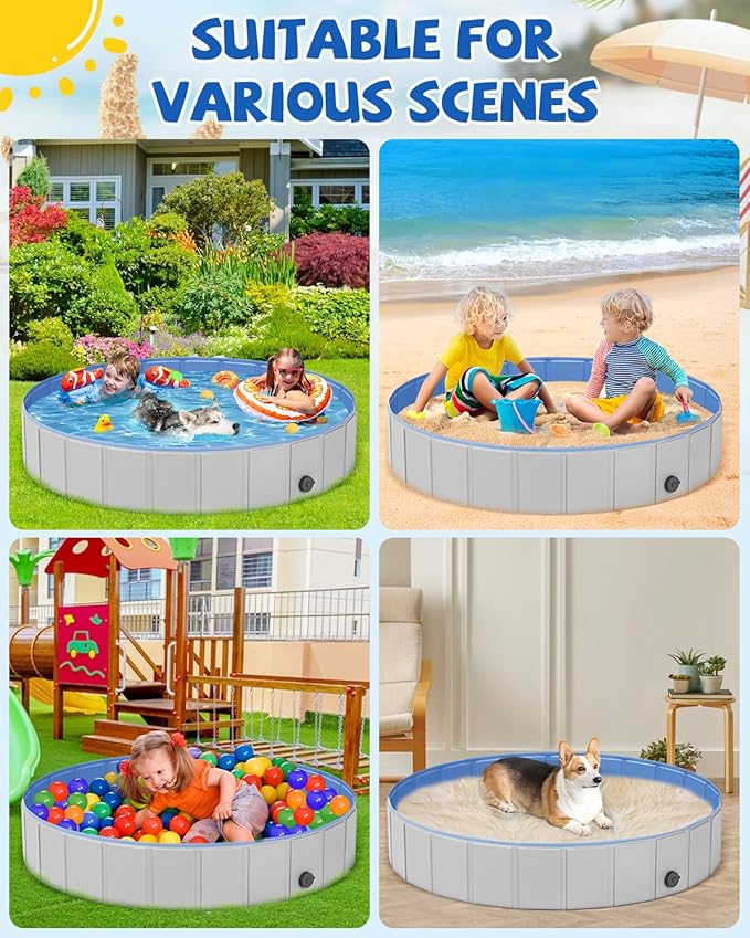 YSJILIDE Portable Dog Pool PVC Pet Swimming Pool Bathtub Collapsible Dog Pool, Hard Plastic Pool for Pets to Swim and Bath (XL-63"x 12" Light Grey)