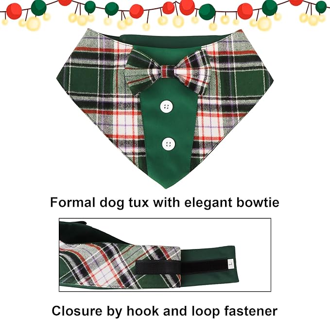 ADOGGYGO Christmas Green Dog Tuxedo Bandana, Plaid Pet Bowtie Collar, Adjustable Green Plaid Christmas Costume for Medium Dogs (M)