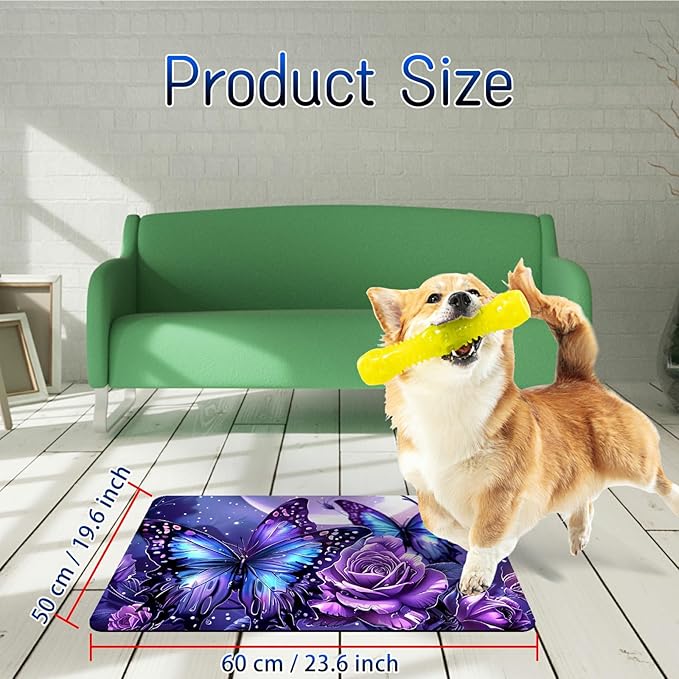 Dog Food Mat, 19.6" x 23.6" Absorbent Pet Feeding Mat for Food and Water, Waterproof Diatom Mud Pet Placemat with Non-Slip Rubber Backing, Cat Bowl Mat for Floors - Purple Butterfly 2