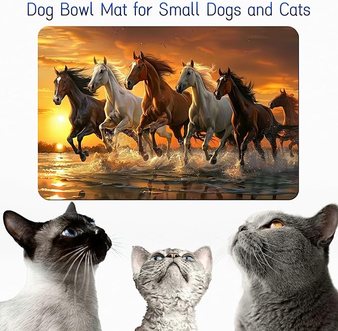 Dog Food Mat, 15.7" x 23.6" Absorbent Pet Feeding Mat for Food and Water, Waterproof Diatom Mud Pet Placemat with Non-Slip Rubber Backing, Easy Clean Cat Bowl Mat for Floors - Running Horse
