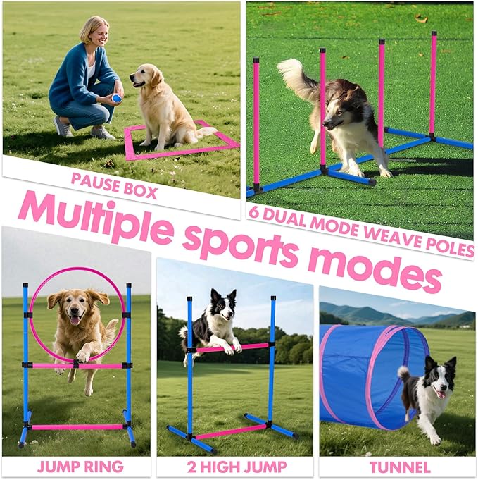 Dog Agility Course Backyard Set, Dog Agility Equipment, Pet obstacle Course Backyard with 6 Dual Mode Weave Poles, 2 Adjustable Hurdle, Jump Ring, Tunnel, Pause Box, Toy Balls and 2 Carrying Bags,Pink