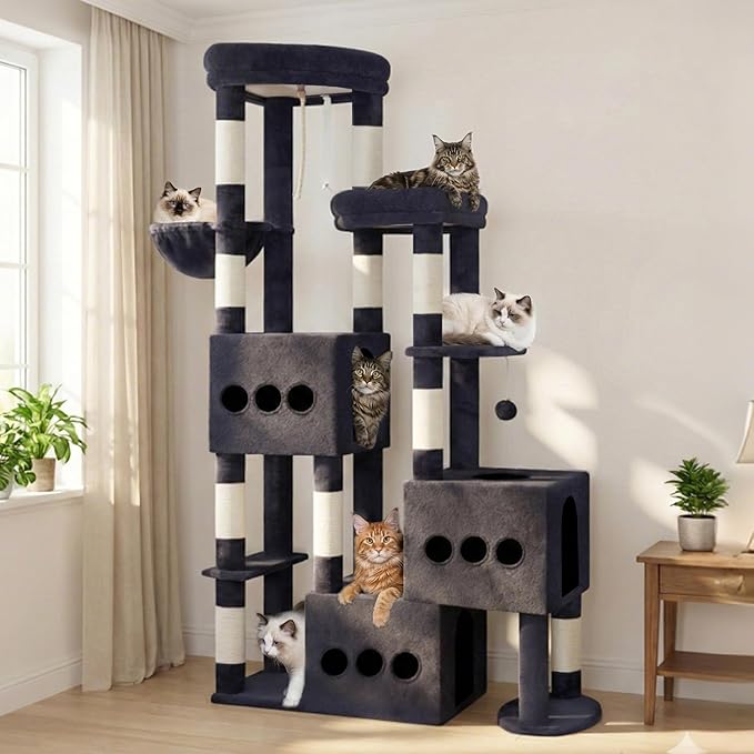 Gitelsnour Sturdy Cat Tree with 3 Large Cat Condos, 3 Platfroms, 71.7'' Cat Tree Tower for Indoor Cats Large Adult, Heavy Duty Cat Tower with 10 Scratching Posts for 20 lbs+Cats, Drak Gray GCT036G