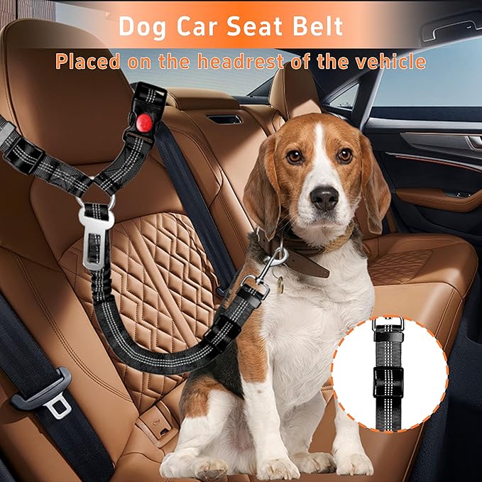 Seyezo Dog Car Seat Belt Set - 3 Piece Retractable Harness, Adjustable Reflective Seatbelt for Vehicle Headrests, Safety Restraint, Heavy Duty & High Elastics, Black