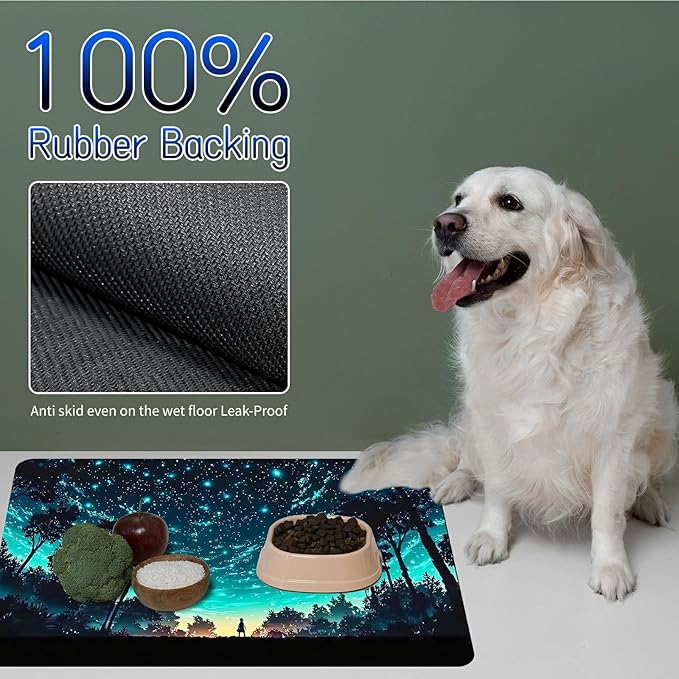 Dog Food Mat, 19.6" x 23.6" Absorbent Pet Feeding Mat for Food and Water, Waterproof Diatom Mud Pet Placemat with Non-Slip Rubber Backing, Easy Clean Cat Bowl Mat for Floors - Deep Blue Forest