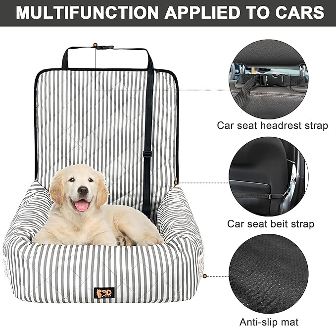 Dog Car Seat for Small and Medium Dogs, Booster Seat Sofa Pet Bed, Portable Car Travel Carrier Bed (Grey Stripes,Standard Filling)