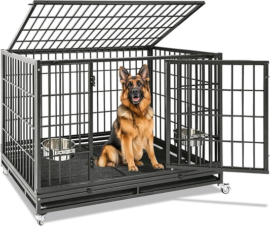 Homey Pet Heavy Duty Dog Crates for Large Dogs, 47 Inch Stackable Large Dog Crate Cage with 4 Wheels, 2 Removable Trays and Grids, 2 Bowls, Multi Locks Strong & Solid Escape Proof Dogs Kennel Indoor
