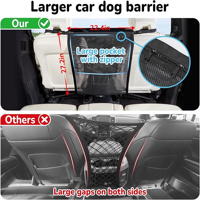 Dog Car Barrier,Pet Barrier with Larger Zipper Organizer Storage,Car Divider Net for Dogs,Dog Barrier for Car/SUV/Truck