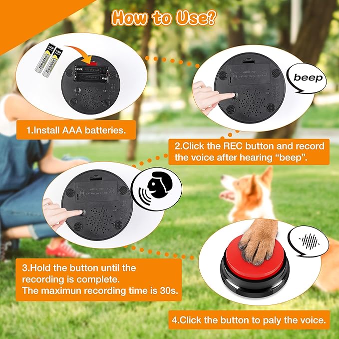Recordable Buttons 4 Color, Dog Buttons for Communication, Training Your Pet to Talk, Talking Pet Buttons, Dog Training Set, 30 Second Record & Clear Playback