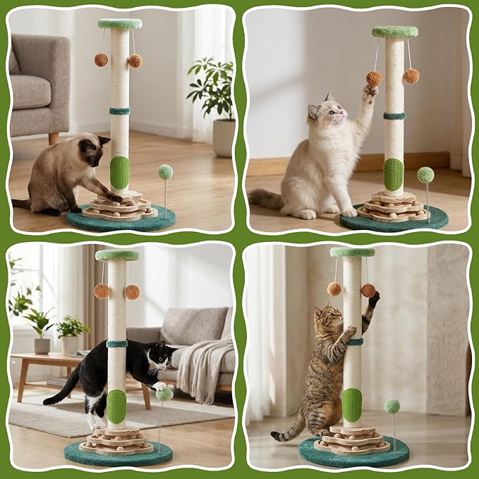 25.6inches Tall Cat Scratching Post, Cute Cat Scratching Post with Interactive Ball Two-Layer Track Spring Ball Toys and Self Groomer for Indoor Cats and Kittens Protect Your Furniture