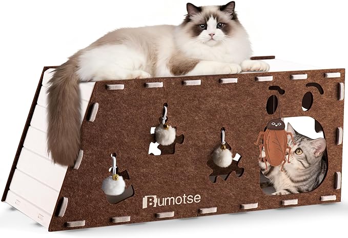 Felt Cat Bed Cave for Indoor Cats, Modular Tunnel Hideaway House for Large Cats Up to 22LB, Cozy Washable Felt Cat Condo for Sleeping, Playing & Hiding, Coffee