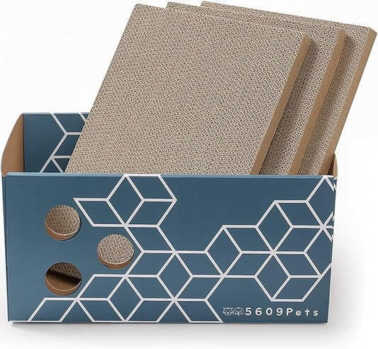 5609PETS Cat Scratching Box with 3 Refillable Double-Sided Scratch Pads, No-Mess Cat Scratcher for Indoor Cats
