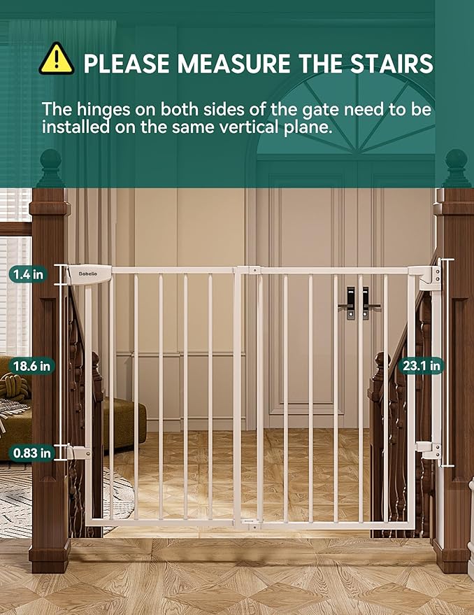 Babelio 29.7-46.5" No Bottom Bar Baby/Dog Gate for Stairs, House and Doorways, Auto Close Safety Pet Gates with Large Walk Thru Door, Hardware Mount
