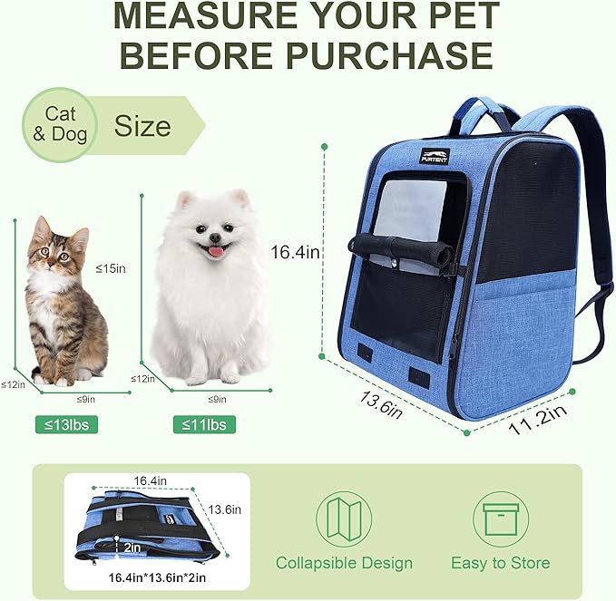 Cat Backpack Carrier with Ventilation Mesh and Safety Leash, Lightweight Dog Travel Backpack with Pockets, Reflective Strip, and Removable Mat,Hiking and Outdoor Use,Blue