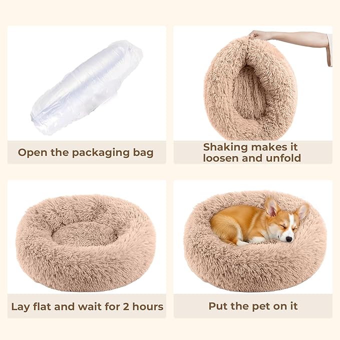 Calming Extra Large Donut Dog Bed, Anti-Anxiety Round Soft Fluffy Plush Faux Fur Washable Anti-Slip Pet Bed for Medium Dogs Up to 45 lbs 32in (Camel)