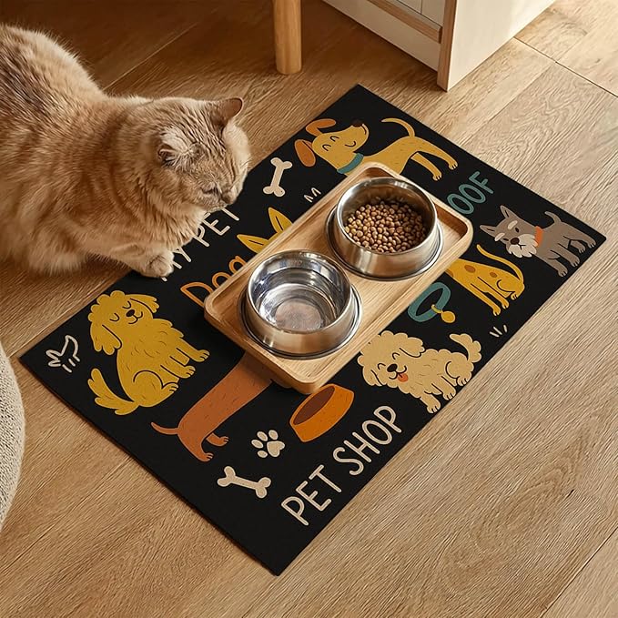 HOMETITUTE Cute Happy Dog Pattern Design Pet Food Mat 20" x 12" Fun Easy Clean Pet Feeding Mat Absorbent Cat Bowl Mat Non Slip Dog Foods Mats Pets Placemat for Dogs and Cat Feeding