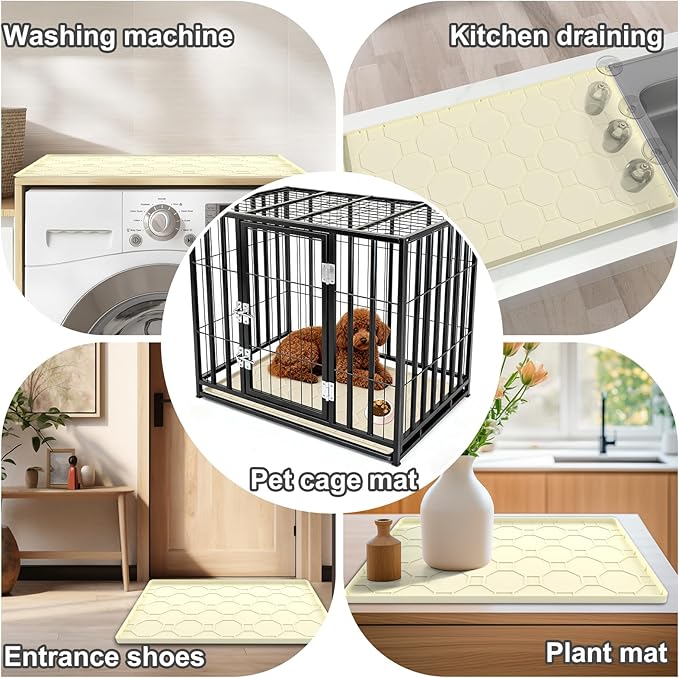 Silicone Cat Litter Mat, 34“ x 22” Waterproof Cat Litter Mats for Floors, Raised Edges Prevent Leaks and Make Cleaning Easy (Beige)