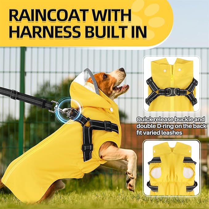 SlowTon Dog Raincoat Waterproof - Dog Rain Jacket with Harness and Hood Lightweight, Reflective Dogs Rain Coat for Large Medium Small Dogs Pet Clothes (Y, L)