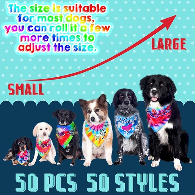 Huhumy 50 Pcs Tie Dye Dog Bandanas Bulk Pet Bibs Colorful Triangle Scarf Tie Dye with Sayings Pet Bandanas for Medium Large Dogs Spring Summer Birthday Costume Decor