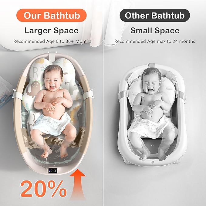 Collapsible Baby Bathtub - Large Baby Bath Tub with Thermometer & Cushion | Travel Portable Newborn Infant Bathtub | Foldable Toddler Bathtub for Baby 0 to 36 Months (Khaki)