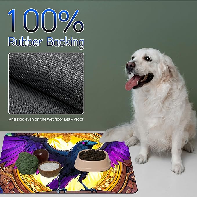 Dog Food Mat, 15.7" x 23.6" Absorbent Pet Feeding Mat for Food and Water, Waterproof Diatom Mud Pet Placemat with Non-Slip Rubber Backing, Cat Bowl Mat for Floors - Purple Feathered Eagle