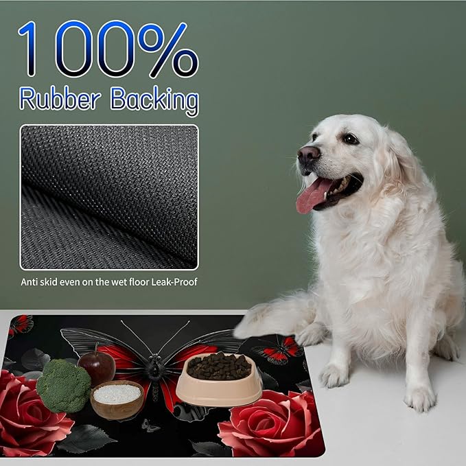 Dog Food Mat, 15.7" x 23.6" Absorbent Pet Feeding Mat for Food and Water, Waterproof Diatom Mud Pet Placemat with Non-Slip Rubber Backing, Cat Bowl Mat for Floors - Red Butterfly Flower
