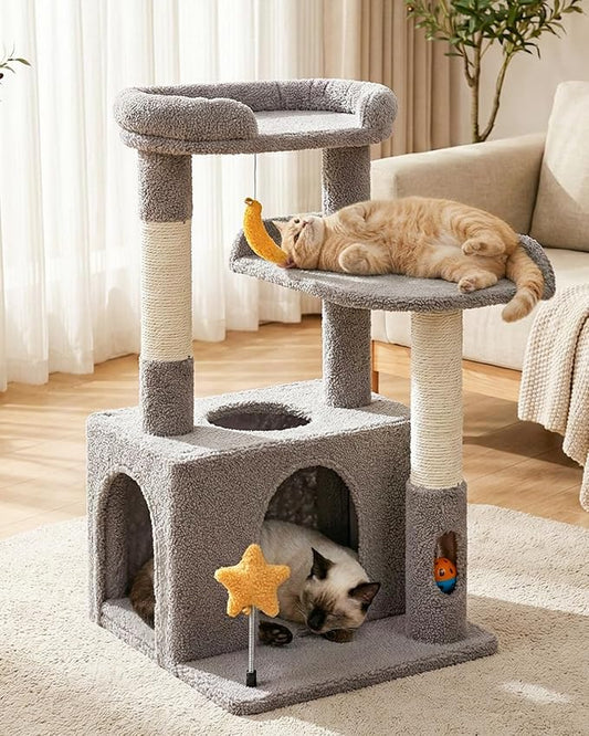 32In Cute Cat Tower for Indoor Cats with Cat Condo, Plush Platform, Hammock, Sisal Scratching Posts, Dangling Ball, Tall Cat Tree Tower with Self-Grooming Brush (Light Grey)
