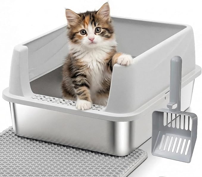 Stainless Steel Litter Box with High Sides, Small Metal Litter Box for Kittens & Small Cats, Low Entry Kitten Litter Boxes with Scoop and Mat, Non-Sticky, Anti-Urine Leakage, Easy Cleaning, Gray