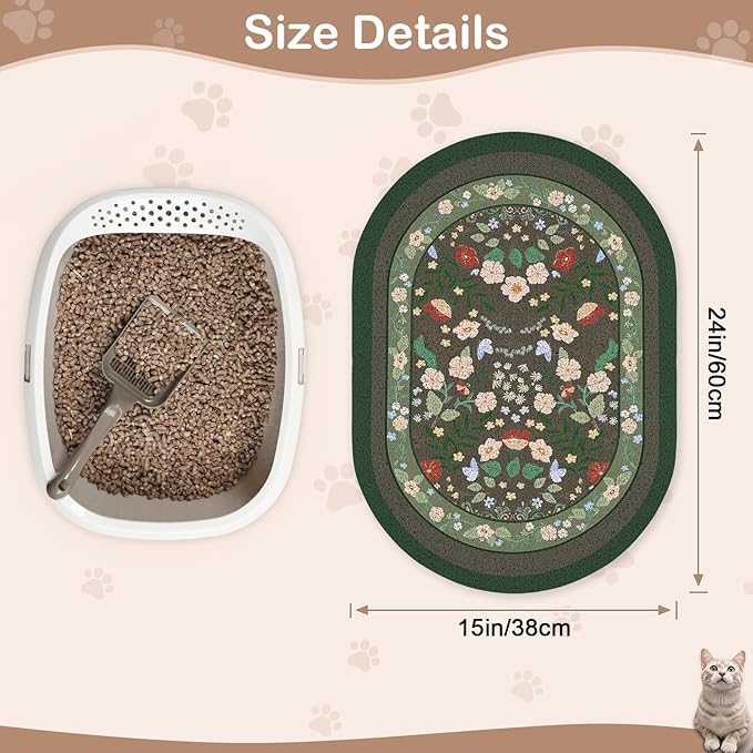 Bienbee Cat Litter Mat, 24" x 15" Litter Box Mat Rug with Non-Slip Bottom,Urine and Water Proof, Easy to Clean Cat Supplies Essentials for Indoor Kitty Kitten Floor, Green Flowers M