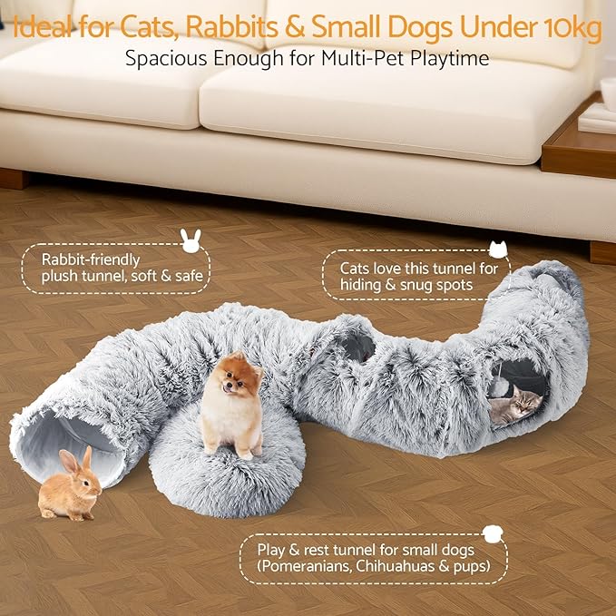 Cat Tunnel Cat Bed for Indoor Cats,Christmas Tree cat Tunnel 3-in-1 Foldable Plush Donut Tunnel with Washable Cushion, Peekaboo Cat Cave with Ears for Kittens, Puppy, Rabbit (Gray)