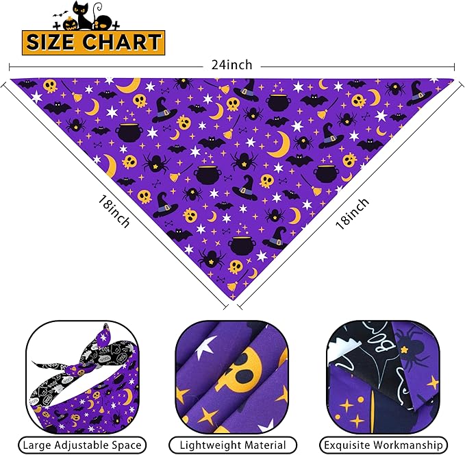 Halloween Dog Bandanas Reversible 2 Pack Small, Orange Black Spider Web Ghost Witch Hat Cute Halloween Pet Bandanas for Dogs Adjustable Triangle Holiday Scarves for Small Medium Boy Girl Dogs