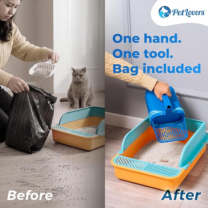 PetLovers Cat Litter Scooper with Built-in Bag, No-Touch One-Handed Kitty Litter Scoop for Open-Top Boxes 14+ Inches Wide, Hinged Clumping Poop Shovel, Seal & Toss Waste System (Bags Included)