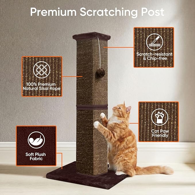 Cat Scratching Post 32 Inch for Indoor Large Cats and Kitten, Nature Sisal Tall Cat Scratch Post, Sisal Cat Scratcher Improve Cat's Scratching Habits and Protect Your Furniture, Full Brown
