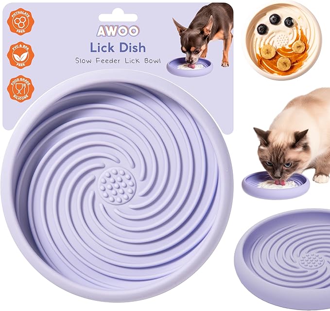 Awoo Lick Dish - Silicone Lick Mat + Slow Feeder for Cats & Small Dogs - Non-Slip Design with Suction Cups - Dishwasher Safe, Extends Mealtime, Reduces Anxiety (Periwinkle)