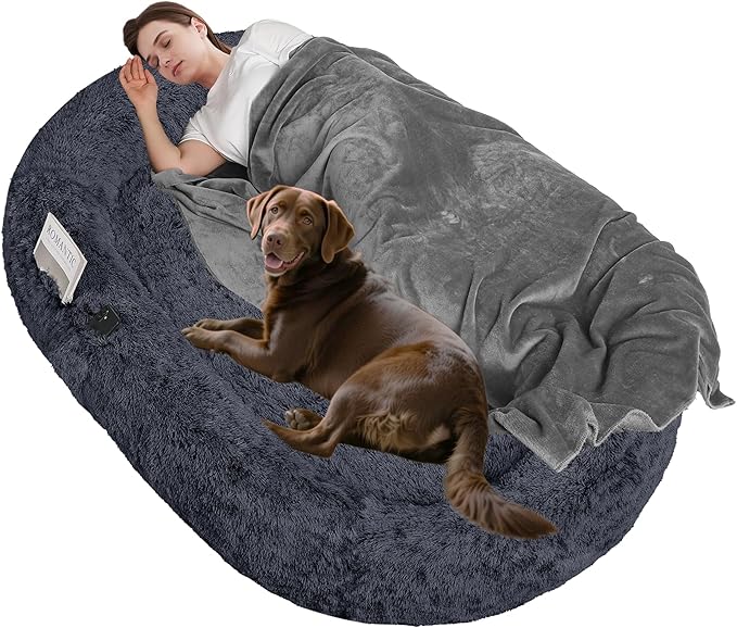 Human Dog Bed Fits Adult & Pets, Reversible Orthopedic Gel Memory Foam Cushion, Washable Long Plush, Plump Edge with Blanket, Storage Pocket, 71"x47.2"x9", Extra Large, Graphite Grey