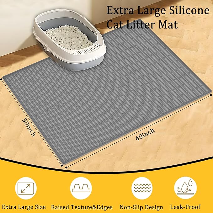 40"x30"(100cmx75cm) Extra Large Silicone Cat Litter Mat, XXL Litter Trapping Mat for Under Litter Box, Non-Slip Waterproof Kitty Litter Catcher, Easy to Clean Mat for Cats, Black