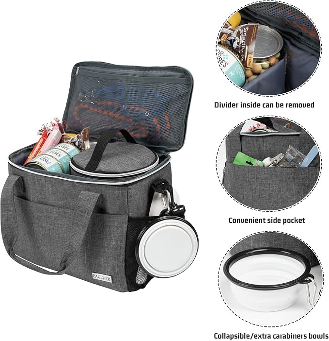 BAGLHER Dog Travel Bag Backpack Pet Supplies Backpack Pet Accessories Storage Bag 5-Piece Set With Shoulder Strap 2 Lined Pet Food Containers 4 Foldable Feeding Bowls Essential Kit for Pet travel