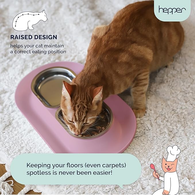 Hepper NomNom - Spill Proof Elevated Cat Bowls for Food and Water - Whisker Relief Bowl + Raised Cat Food Bowls: a Safe Dish for Messy Cats - Stainless Steel Bowl Station (Pink)