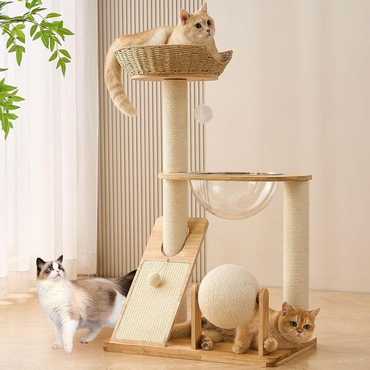 HITTITE Solid Wood Cat Tree Tower with Scratching Post, 36.6 Inches Tall Cat Towers with Scratching Board and Scratcher Ball, Modern Cat Tower With Space Capsule and Hand-Woven Basket for Indoor Cats.