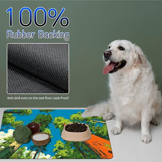 Dog Food Mat, 19.6" x 23.6" Absorbent Pet Feeding Mat for Food and Water, Waterproof Diatom Mud Pet Placemat with Non-Slip Rubber Backing, Cat Bowl Mat for Floors - Green Forest Trees