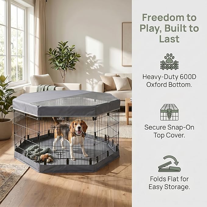 PJYuCien Octagonal Dog Playpen with Top Cover and Bottom Pad - Metal Foldable Exercise Pen, 8 Panels 30" H x 24" W Indoor Outdoor Pet Fence Puppy Crate Kennel, Gray