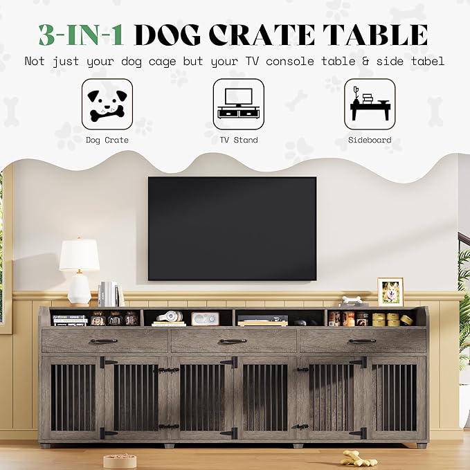 AMERLIFE 95" Large Dog Crate Furniture, Multi-Functional TV Stand with Storage Drawers & Removable Divider for Medium/Large Dogs, Grey