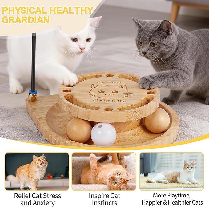 Interactive Cat Toy for Indoor Cats - Cat Wand & Track Ball, 15 Replacement Heads, 2 Wooden Balls & 1 Bell Ball, Anti-Slip Base, Easy Assembly Cat Teaser for Kittens & Adult Cats