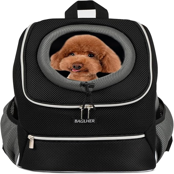 BAGLHER Dog Carrier Backpack for Small Dogs - Front Breathable Pet Backpack with Safety Buckle, Adjustable Hands-Free Design for Hiking, Cycling, Camping & Outdoor Use - Black, Size M (5-9 lbs)