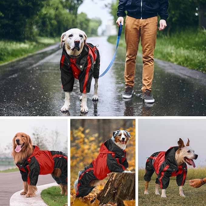 Dog Raincoat, Waterproof Dog Rain Coats for Large Dogs, Lightweight Rain Jacket, Adjustable 4 Legs Pet Poncho with Hood, Snow-Proof Dog Vest Rainwear, Rain Clothes Apparel with Leash Hole, Red