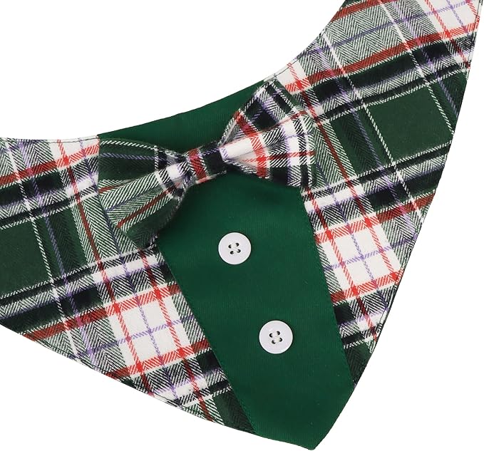 ADOGGYGO Christmas Green Dog Tuxedo Bandana, Plaid Pet Bowtie Collar, Adjustable Green Plaid Christmas Costume for Large Dogs (L)