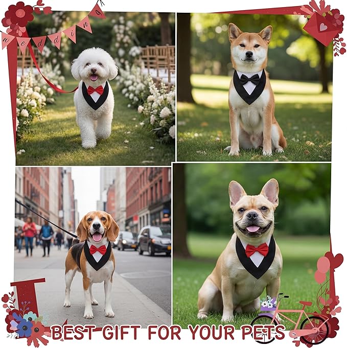 Gilprop 4 Pcs Formal Dog Outfit Dog Tuxedo Sets with Bowtie Wedding Dogs Bandana Collar with Nylon Leash Wedding Outfit Suit Adjustable Pet Party Costumes for Birthday(Black,Red,Medium:16"-19.5")