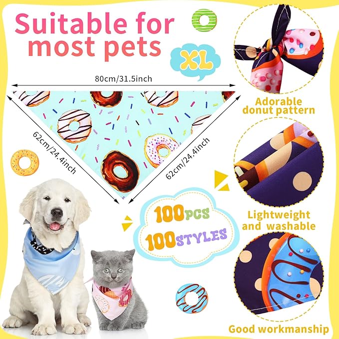 Huhumy 100 Pcs Donut Dog Bandanas Bulk Pet Bibs Colorful Triangle Scarf XL Donut Pet Bandanas for Medium Large Dogs Spring Summer Candyland Birthday Costume Decor