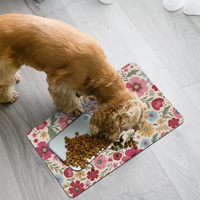 Pet Dog Cat Food Mat, Absorbent Quick Dry Dog Bowl Mats for Food and Water, Non Slip Boho Floral Dogs Cat Placemats Feeding Mat for Floors Indoor Puppy Pet Accessories Supplies 16 * 24 inch