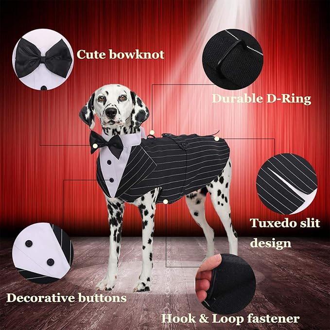 QBLEEV Dog Tuxedo Suit with Bow Tie, Formal Gentleman Dog Tux Costume and Bandana Set for Wedding Outfit Birthday Party Cosplay Photo Shoot, Doggy Prince Attire for Maltese Dachshund Corgi Beagle